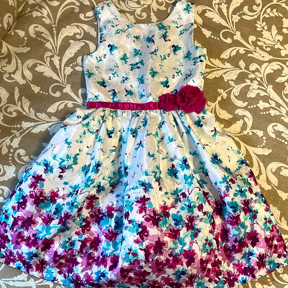 “Dressed Up” by Gymboree white spring dress with Teal and Magenta flowers sz 6